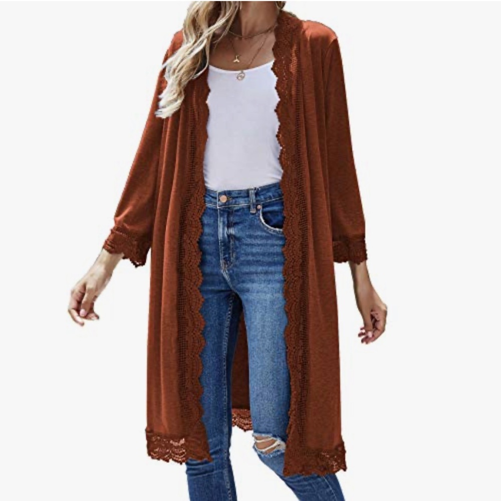 NWOT Women's Rust Lace-Trim Long Cardigan Open Front - XL
